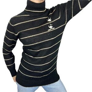 Vintage 90s black metallic gold stripe embroidered turtleneck sweater